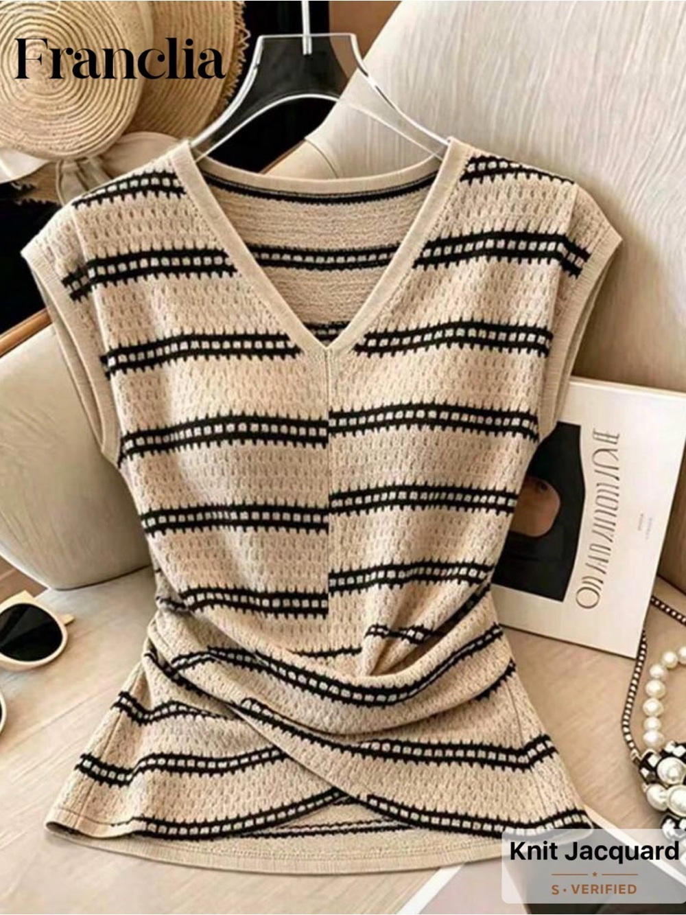 NWT-V-Neck Twist Hem Striped Knit T-Shirt, Textured Knit